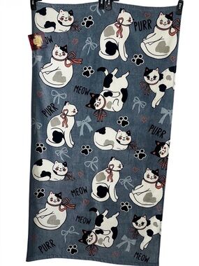 Cat Print Beach Towel Blue with White & Black Cats